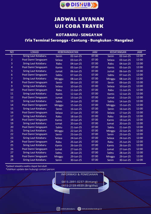Jadwal uji coba trayek Kotabaru - Sengayam